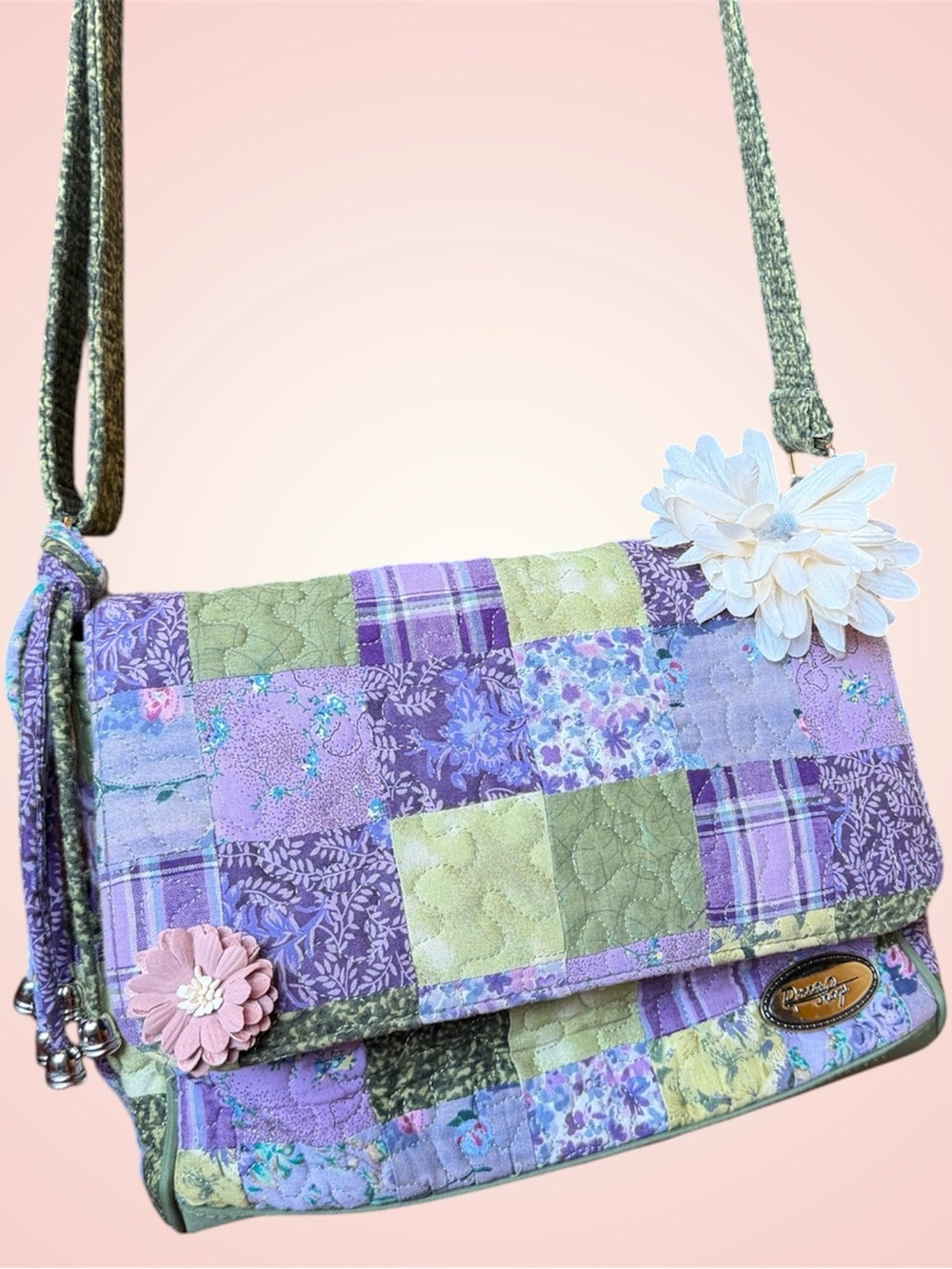 Patchwork Quilted Crossbody Bag - Lavender & Sage floral embellishments